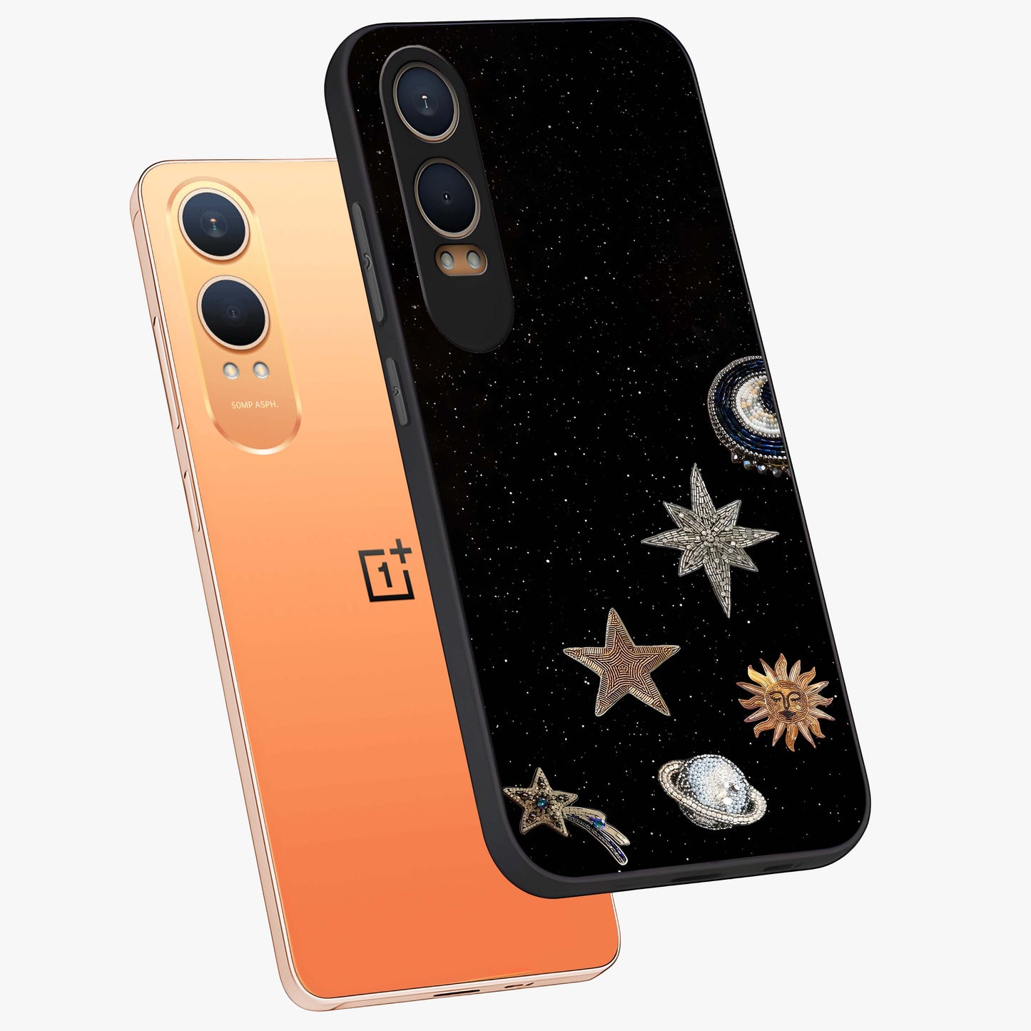Galactic Charm Glow Glass Case for 1+Nord CE 4 Lite angled mockup showcasing glossy glass finish and luminous galaxy tones