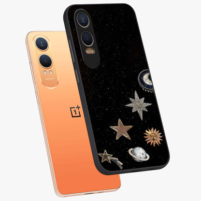 Galactic Charm Glow Glass Case for 1+Nord CE 4 Lite angled mockup showcasing glossy glass finish and luminous galaxy tones