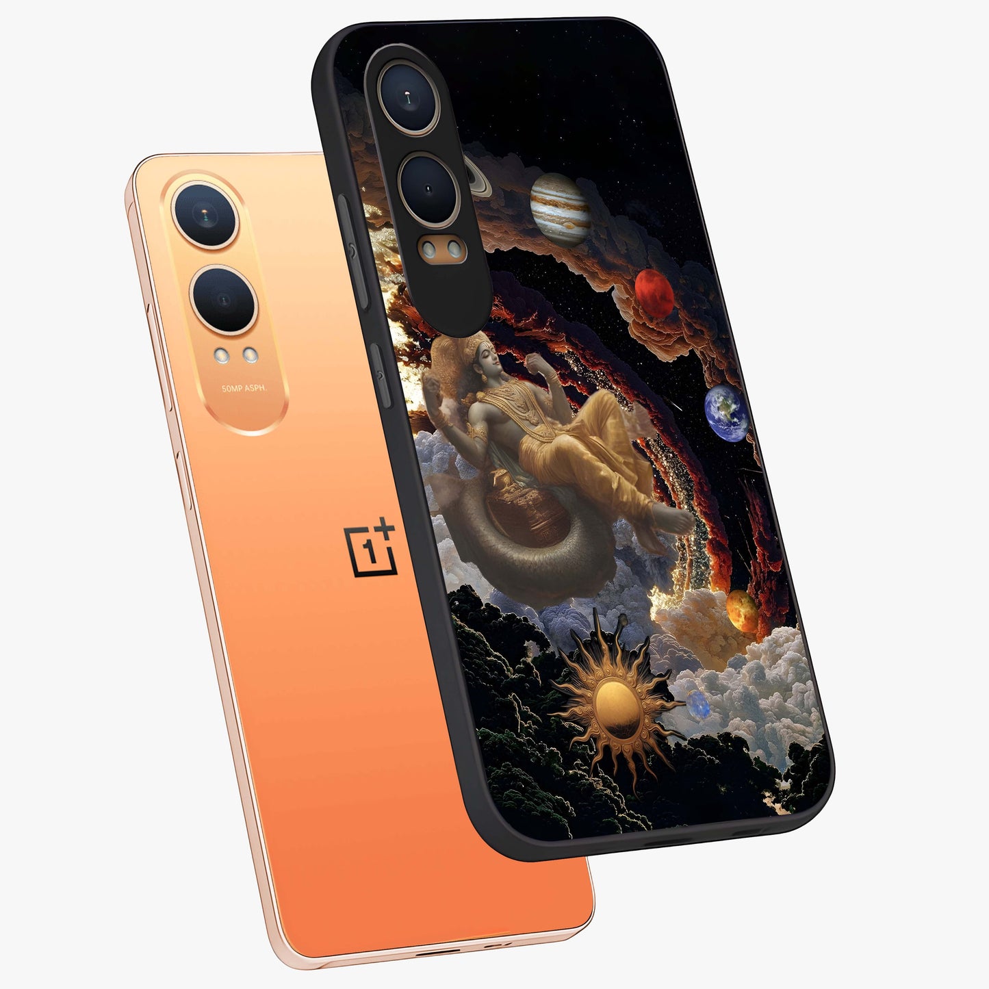 Galactic Divine God Glass Case for 1+Nord CE 4 Lite angled mockup showcasing glossy finish and celestial spiritual tones