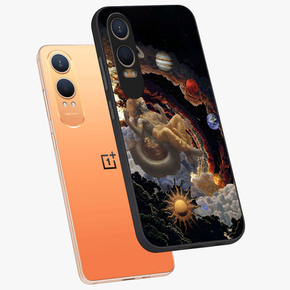 Galactic Divine God Glass Case for 1+Nord CE 4 Lite angled mockup showcasing glossy finish and celestial spiritual tones