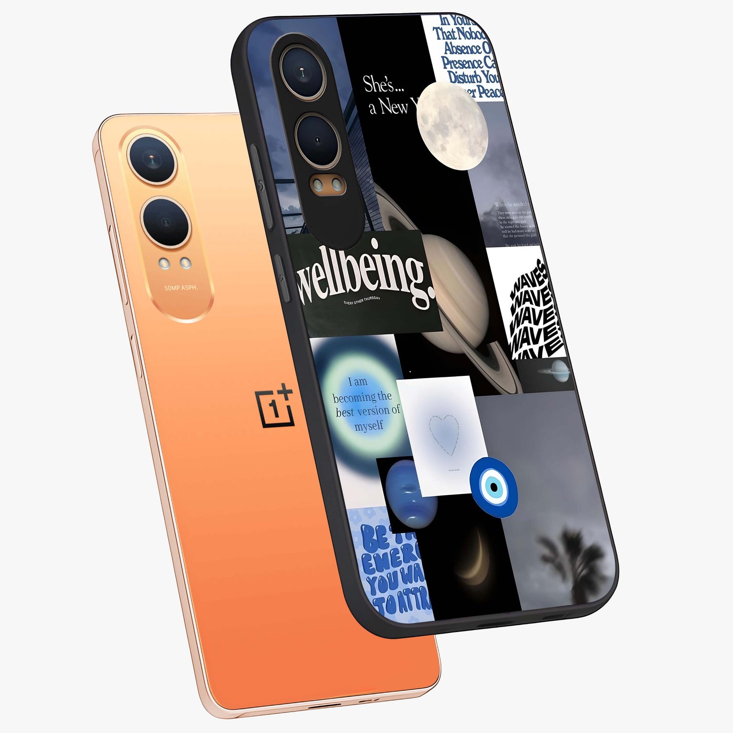 Galactic Energy Collage Glass Case for 1+Nord CE 4 Lite angled mockup showcasing glossy finish and vibrant space textures