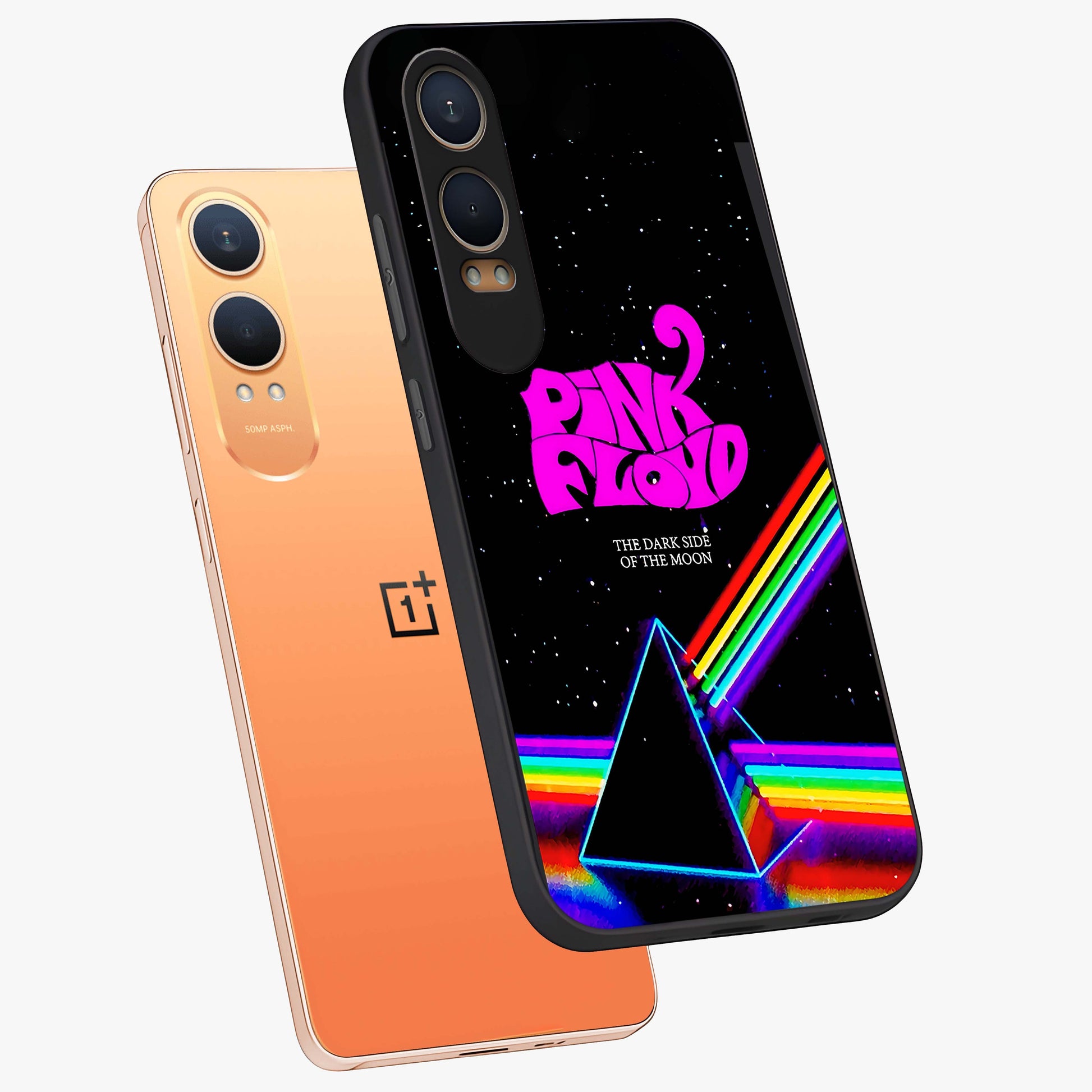 Galactic Light Frequency Glass Case for 1+Nord CE 4 Lite angled mockup showcasing glossy finish and vibrant neon detailing