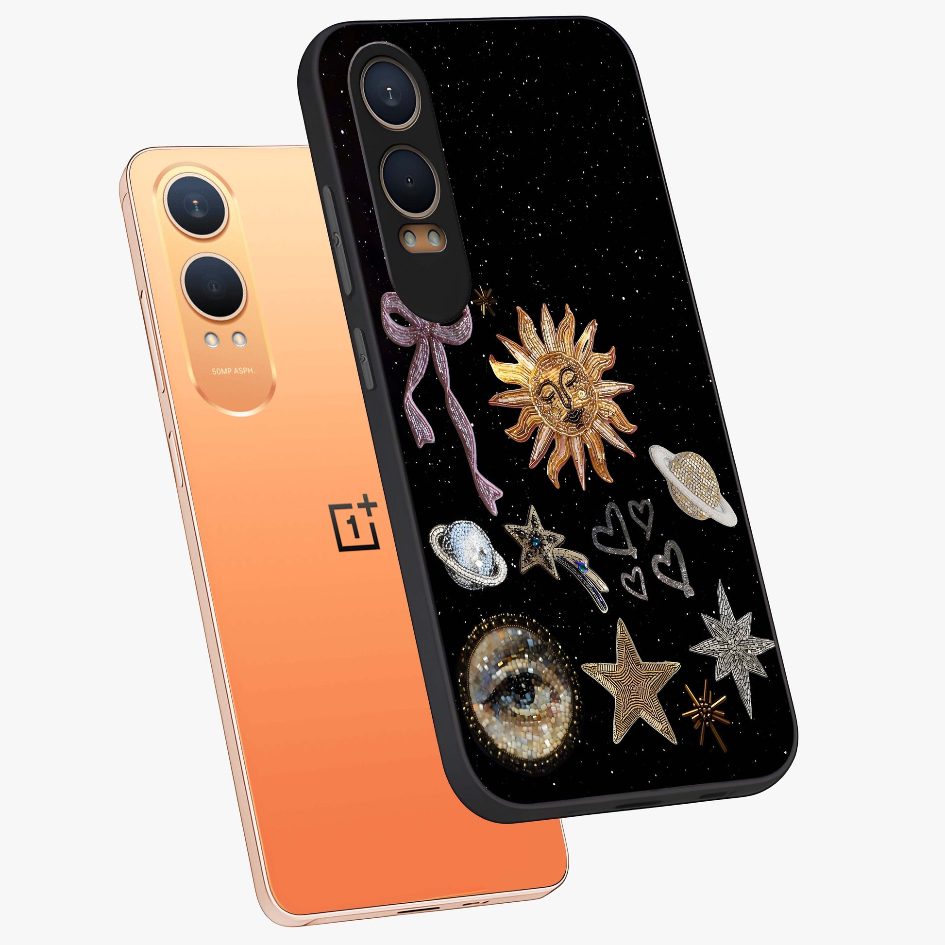 Galactic Sun Charm Glass Case for 1+Nord CE 4 Lite angled mockup showcasing glossy finish and warm galaxy tones