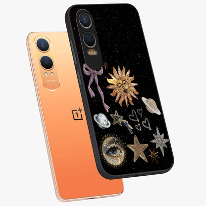 Galactic Sun Charm Glass Case for 1+Nord CE 4 Lite angled mockup showcasing glossy finish and warm galaxy tones