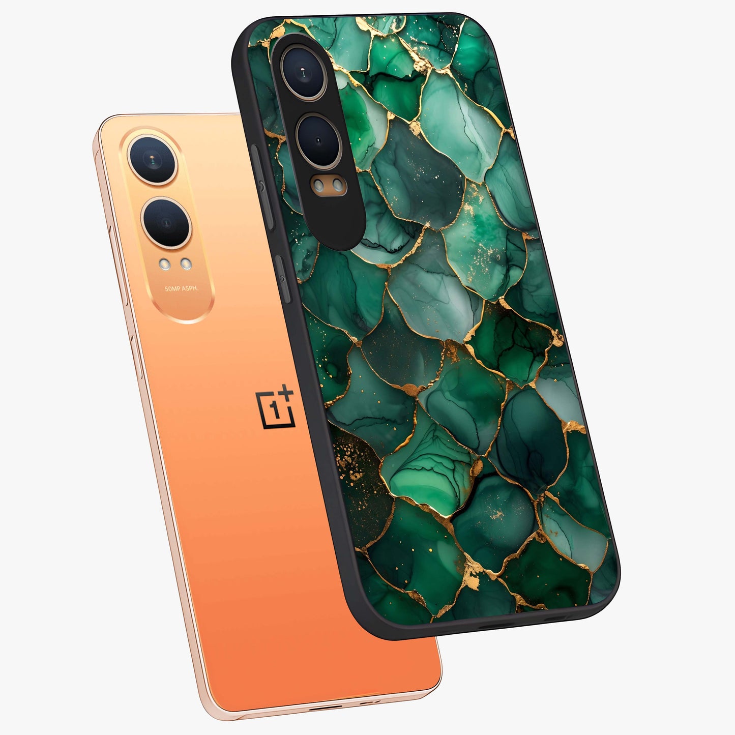 Geometric Polyester Pattern Glass Case for 1+Nord CE 4 Lite angled mockup showcasing glossy finish and clean structured detailing