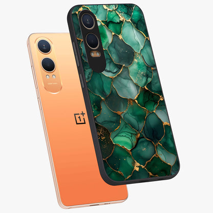 Geometric Polyester Pattern Glass Case for 1+Nord CE 4 Lite angled mockup showcasing glossy finish and clean structured detailing