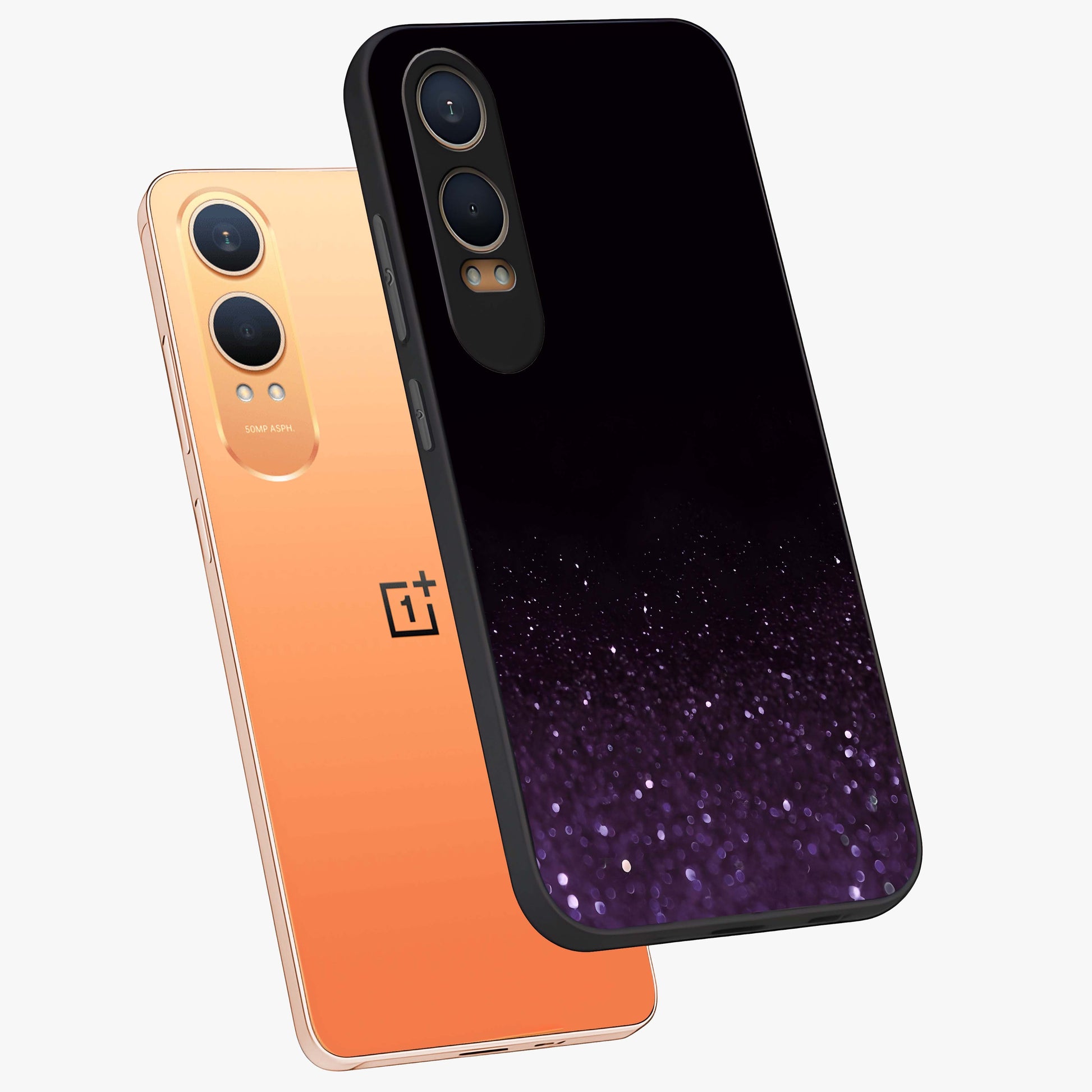 Glittery Purple Bokeh Glass Case for 1+Nord CE 4 Lite angled mockup showcasing glossy finish and luminous shimmer tones