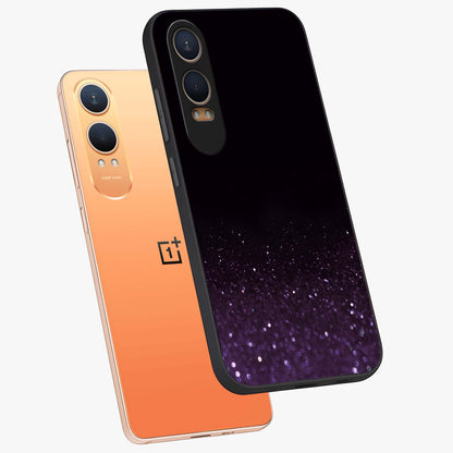 Glittery Purple Bokeh Glass Case for 1+Nord CE 4 Lite angled mockup showcasing glossy finish and luminous shimmer tones
