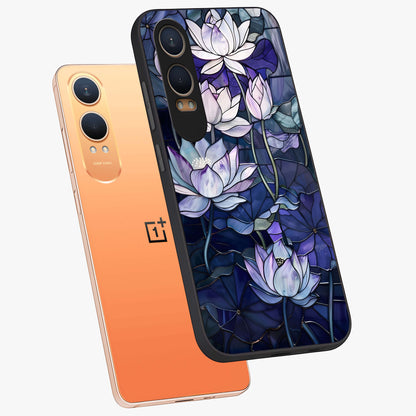 Gloss Petal Rush Glass Case for 1+Nord CE 4 Lite angled mockup showcasing shiny glass finish and vibrant bloom detailing