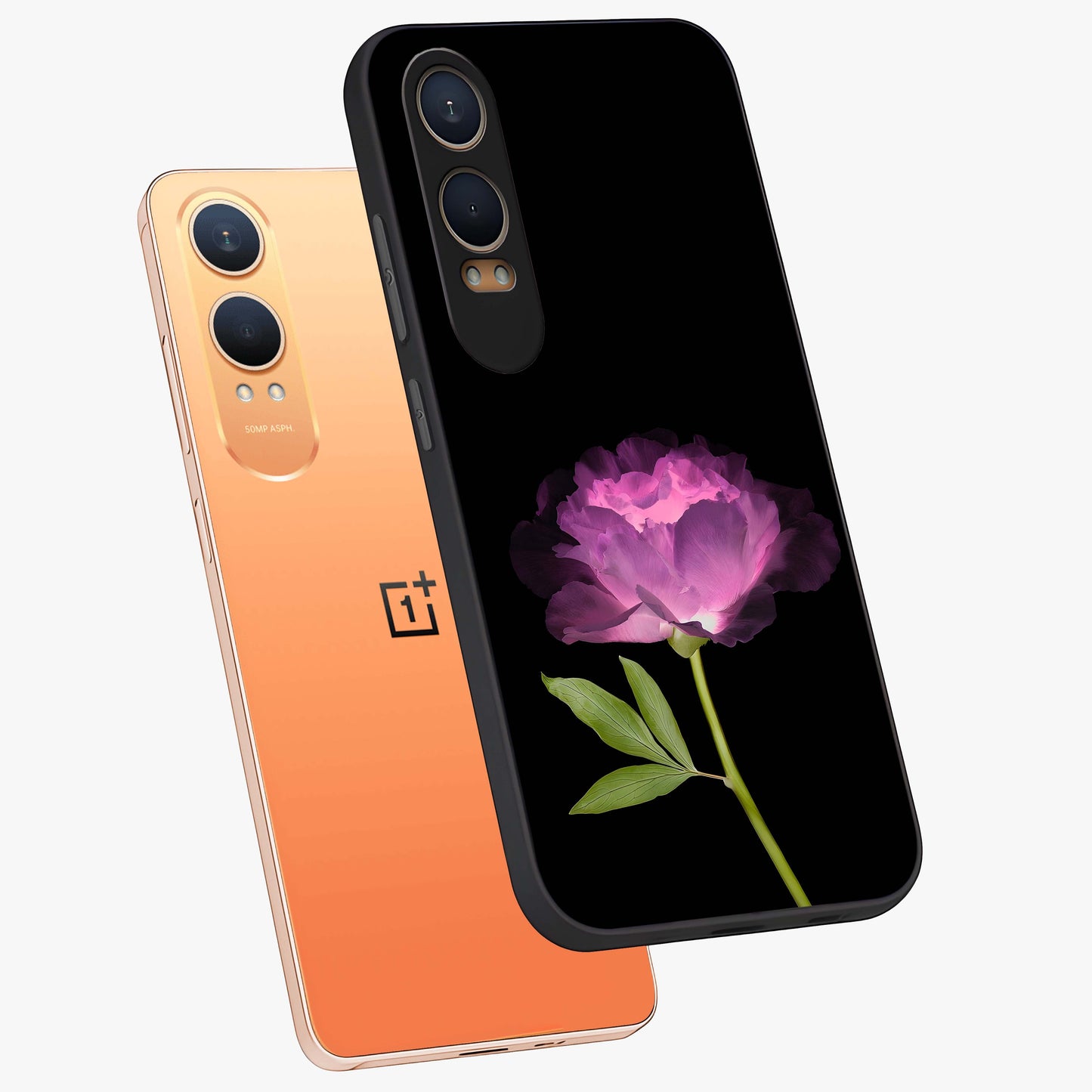 Glow Petal Bloom Glass Case for 1+Nord CE 4 Lite angled mockup showcasing glossy finish and vibrant petal detailing