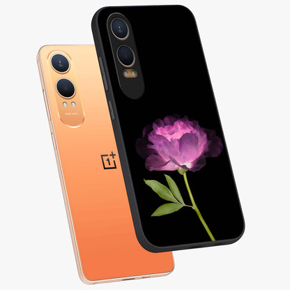 Glow Petal Bloom Glass Case for 1+Nord CE 4 Lite angled mockup showcasing glossy finish and vibrant petal detailing