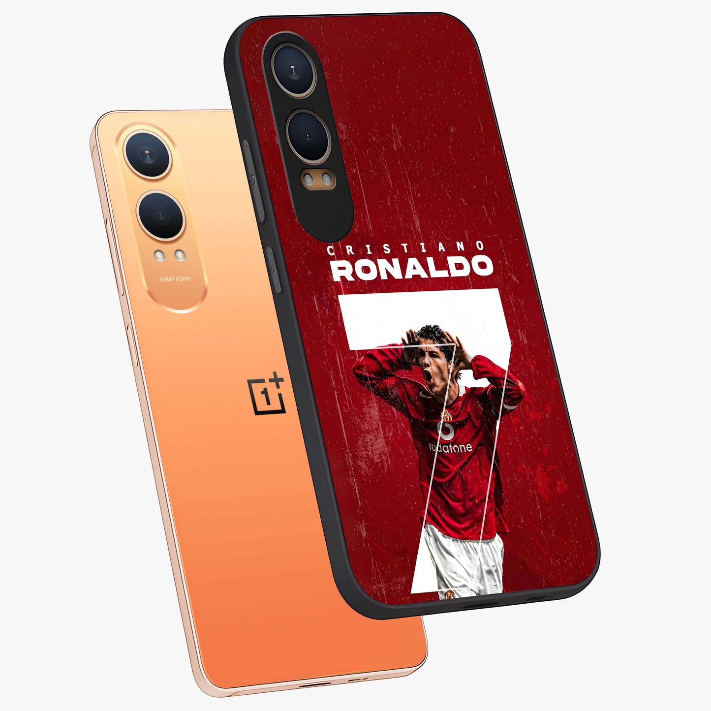 Goal Celebration Legacy Glass Case for 1+Nord CE 4 Lite angled mockup showcasing glossy finish and dynamic action tones