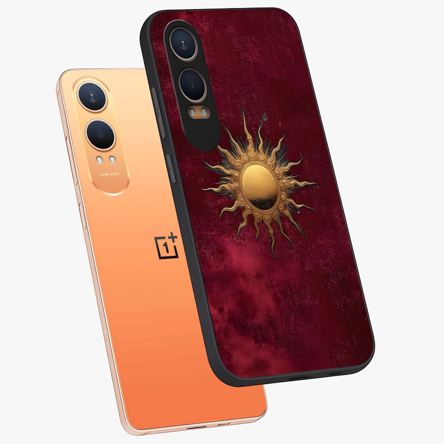 Gold Sun Blush Glass Case for 1+Nord CE 4 Lite angled mockup showcasing glossy finish and soft blush tones