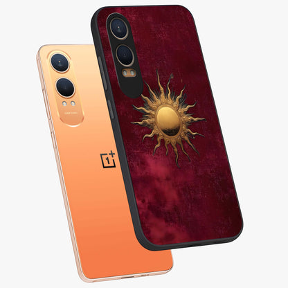 Gold Sun Blush Glass Case for 1+Nord CE 4 Lite angled mockup showcasing glossy finish and soft blush tones