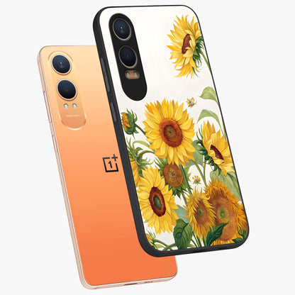 Golden Bloom Fields Glass Case for 1+Nord CE 4 Lite angled mockup showcasing glossy finish and warm golden gradients