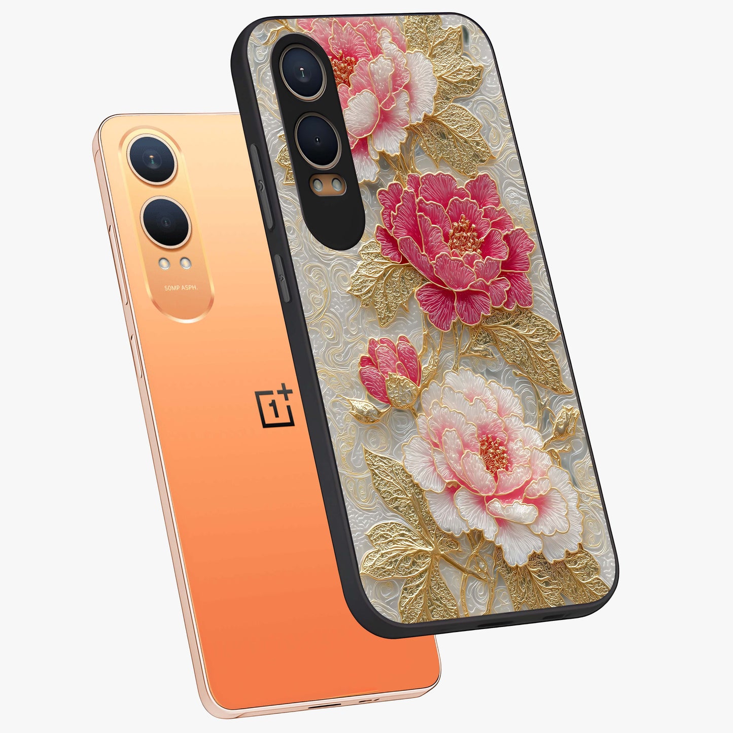 Golden Blossom Elegance Glass Case for 1+Nord CE 4 Lite angled mockup showcasing glossy finish and luxurious bloom tones
