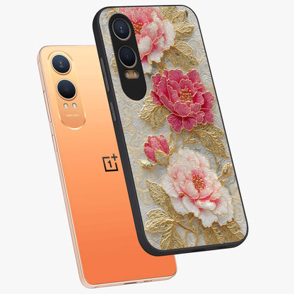 Golden Blossom Elegance Glass Case for 1+Nord CE 4 Lite angled mockup showcasing glossy finish and luxurious bloom tones