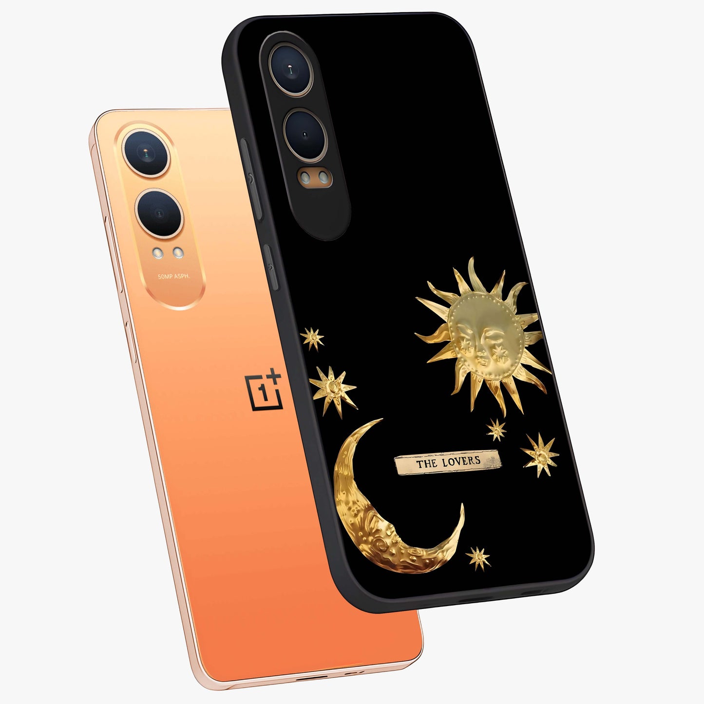 Golden Celestial Charm Glass Case for 1+Nord CE 4 Lite angled mockup showcasing glossy finish and shimmering cosmic tones