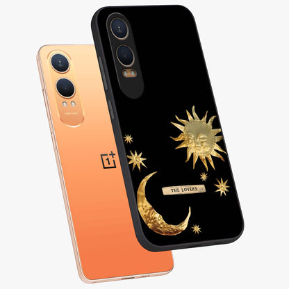 Golden Celestial Charm Glass Case for 1+Nord CE 4 Lite angled mockup showcasing glossy finish and shimmering cosmic tones