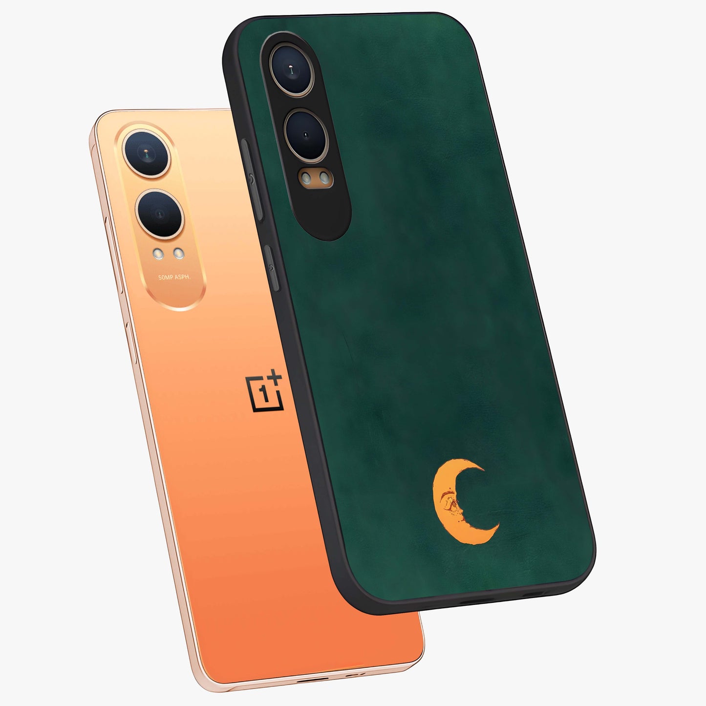 Golden Crescent Mood Glass Case for 1+Nord CE 4 Lite angled mockup showcasing glossy finish and subtle night gradients