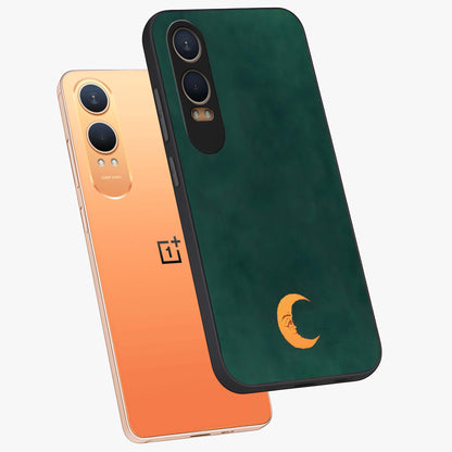 Golden Crescent Mood Glass Case for 1+Nord CE 4 Lite angled mockup showcasing glossy finish and subtle night gradients