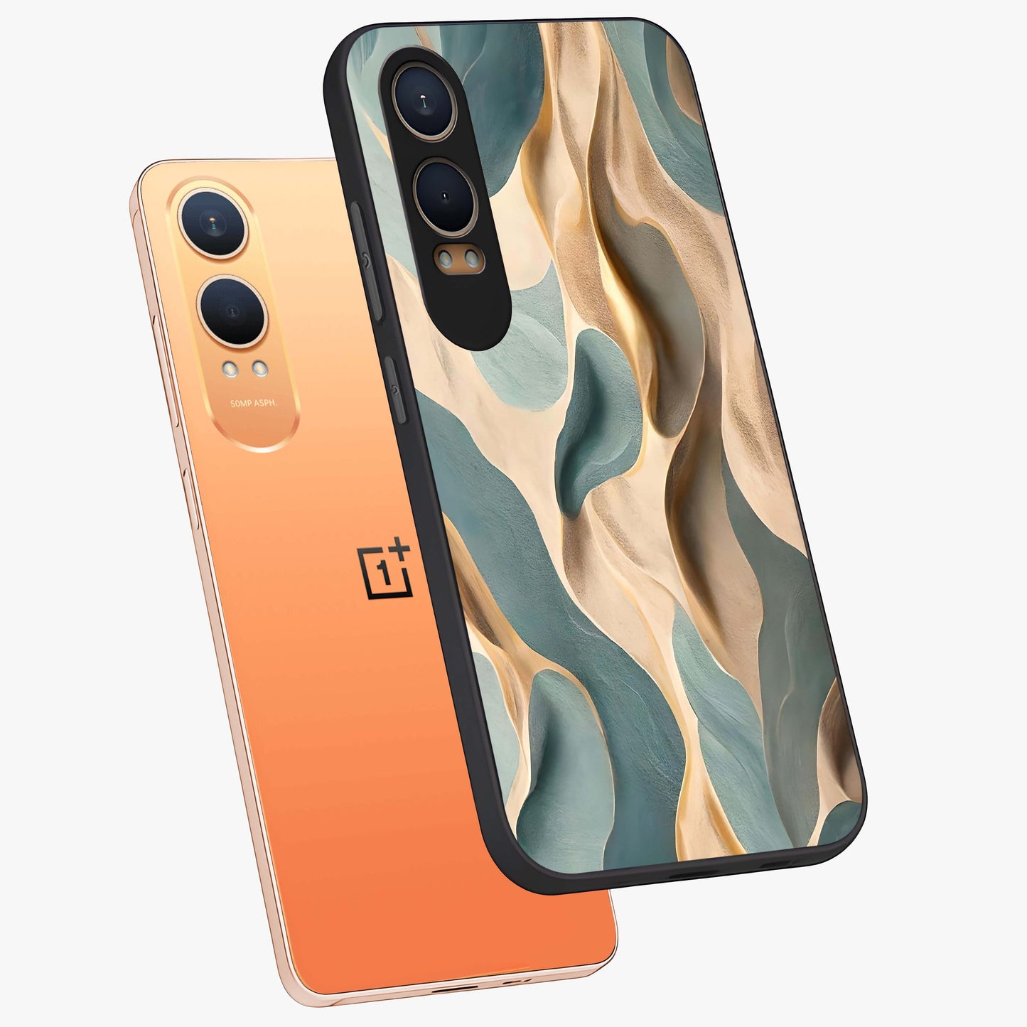 Golden Dune Waves Glass Case for 1+Nord CE 4 Lite angled mockup showcasing glossy finish and smooth wave textures