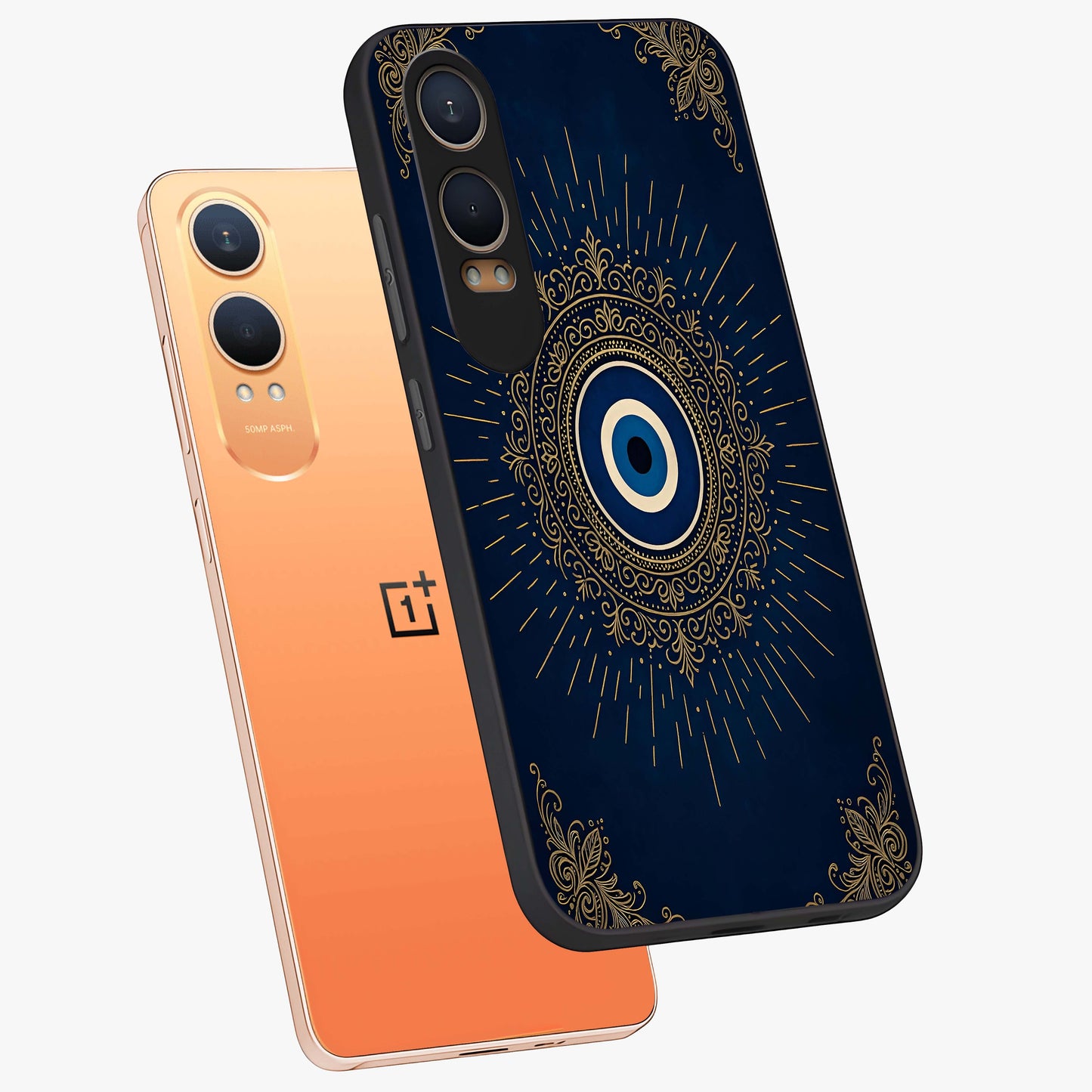 Golden Evil Eye Mandala Glass Case for 1+Nord CE 4 Lite angled mockup showcasing glossy finish and detailed ornamental design