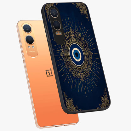 Golden Evil Eye Mandala Glass Case for 1+Nord CE 4 Lite angled mockup showcasing glossy finish and detailed ornamental design