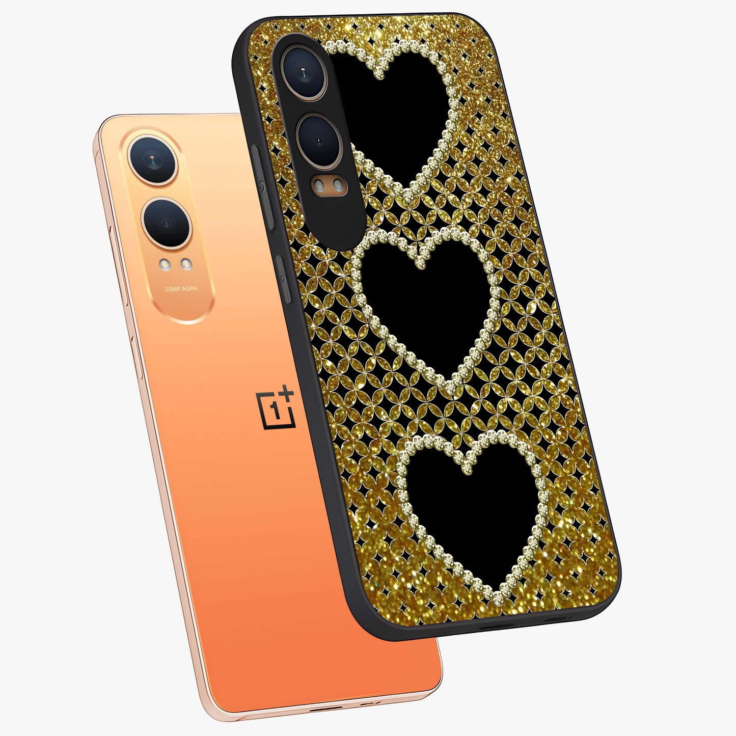 Golden Heart Glow Glass Case for 1+Nord CE 4 Lite angled mockup showcasing glossy finish and radiant warm tones