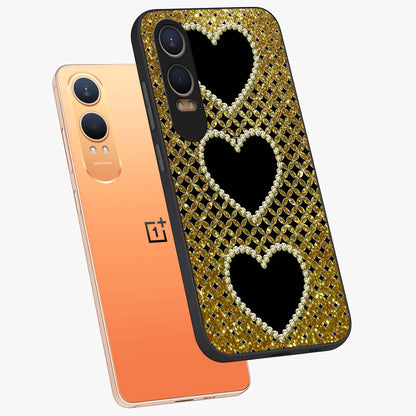 Golden Heart Glow Glass Case for 1+Nord CE 4 Lite angled mockup showcasing glossy finish and radiant warm tones