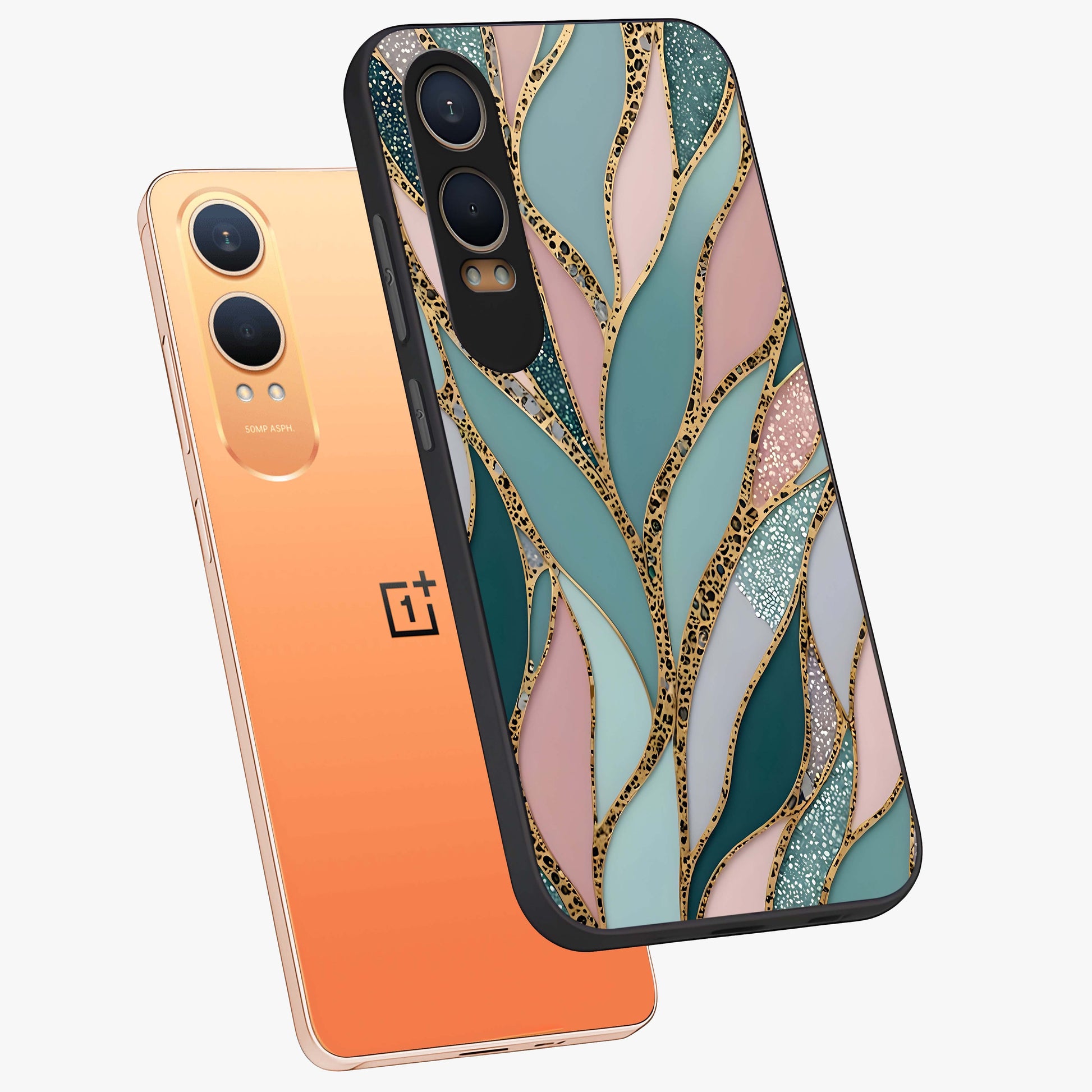 Golden Leaf Dreams Glass Case for 1+Nord CE 4 Lite angled mockup showcasing glossy finish and refined botanical tones