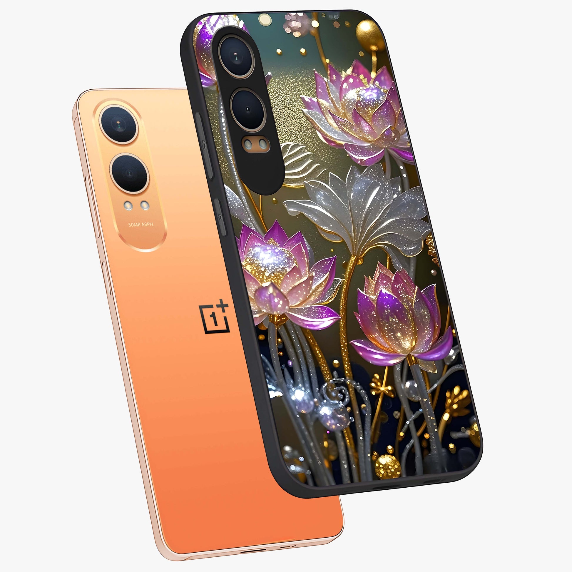 Golden Lotus Glow Glass Case for 1+Nord CE 4 Lite angled mockup showcasing glossy finish and luminous spiritual tones