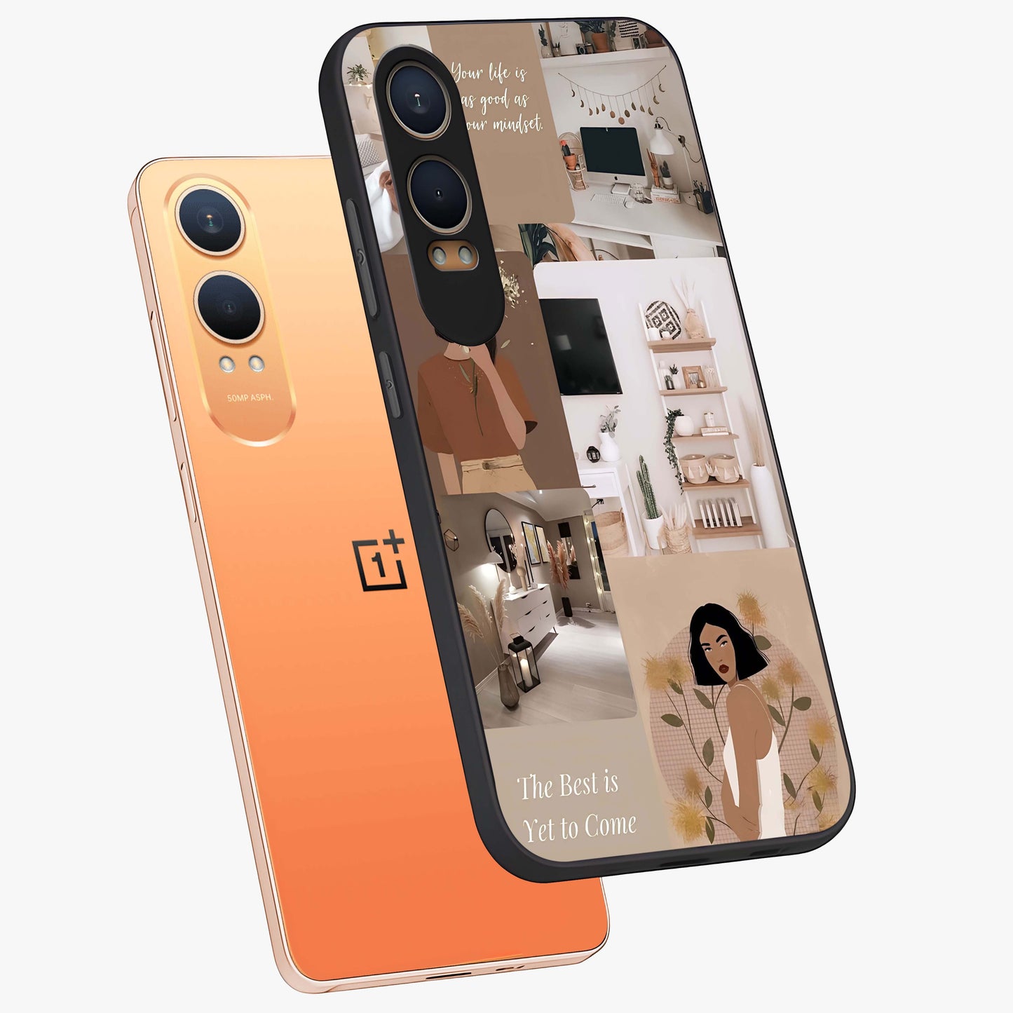 Golden Mind Moment Glass Case for 1+Nord CE 4 Lite angled mockup showcasing glossy finish and rich warm gradients