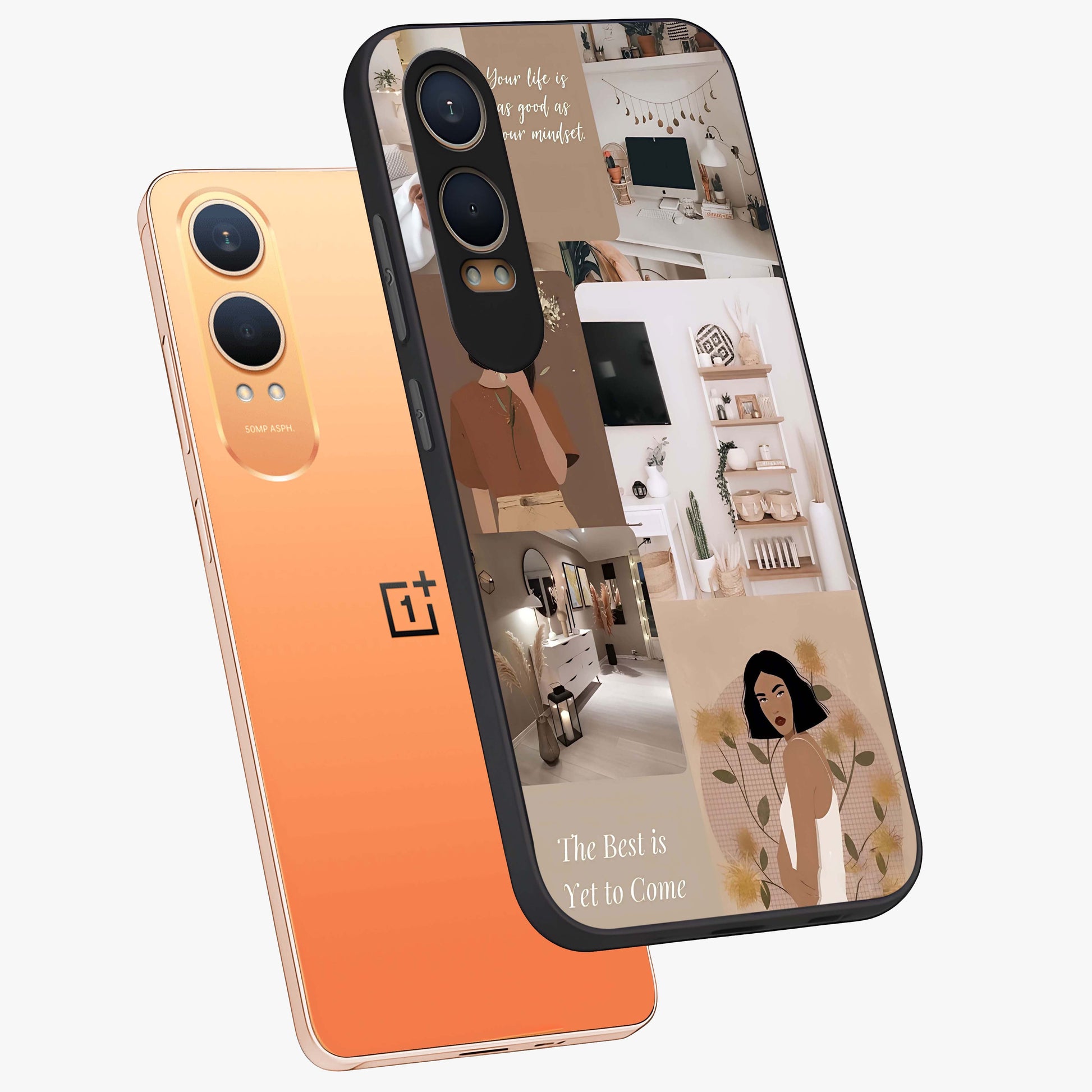 Golden Mind Moment Glass Case for 1+Nord CE 4 Lite angled mockup showcasing glossy finish and rich warm gradients