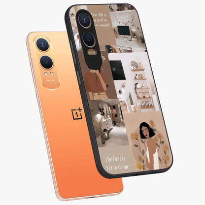 Golden Mind Moment Glass Case for 1+Nord CE 4 Lite angled mockup showcasing glossy finish and rich warm gradients