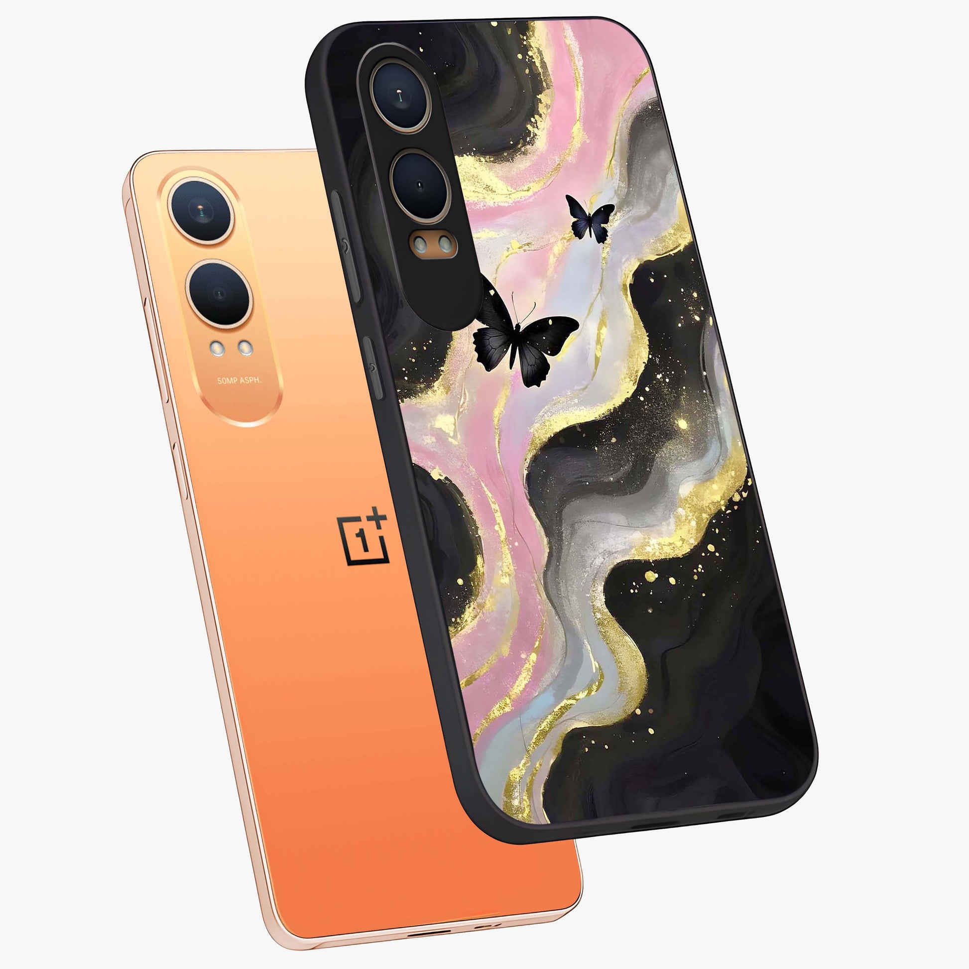 Golden Mist Butterflies Glass Case for 1+Nord CE 4 Lite angled mockup showcasing glossy glass finish and luminous detailing