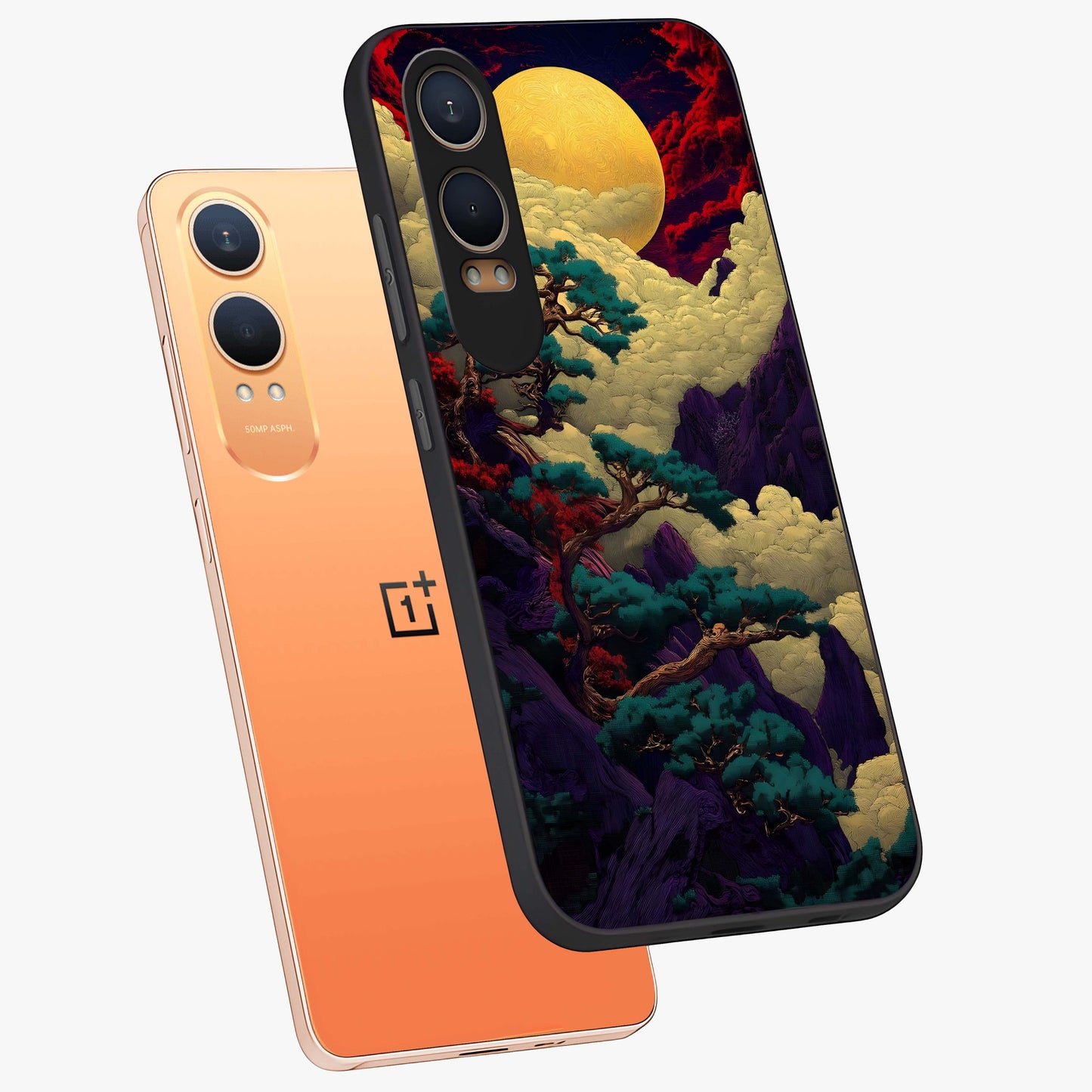 Golden Moon Horizon Glass Case for 1+Nord CE 4 Lite angled mockup showcasing glossy finish and warm gradient tones