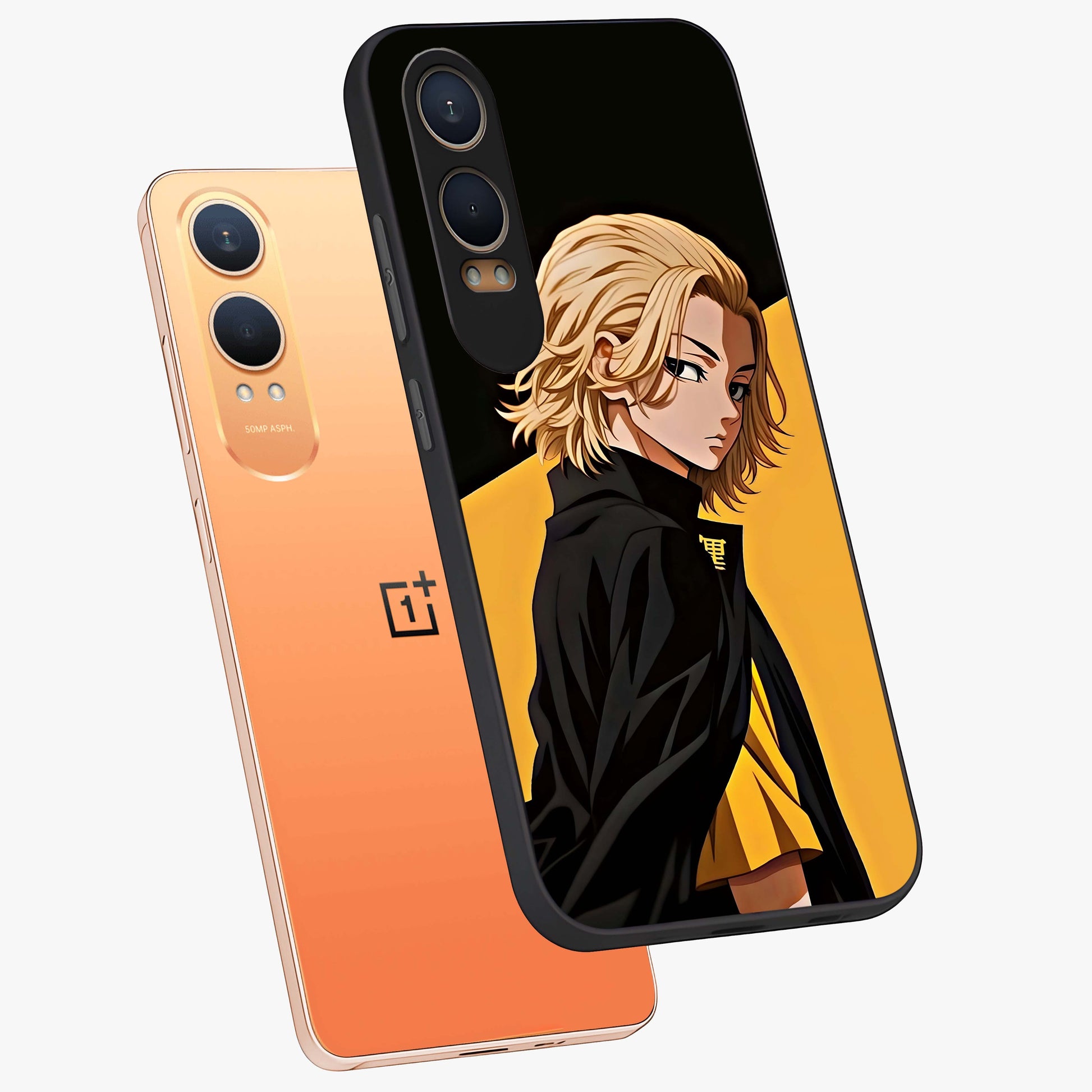 Golden Shadow Commander Glass Case for 1+Nord CE 4 Lite angled mockup showcasing glossy finish and bold golden accents