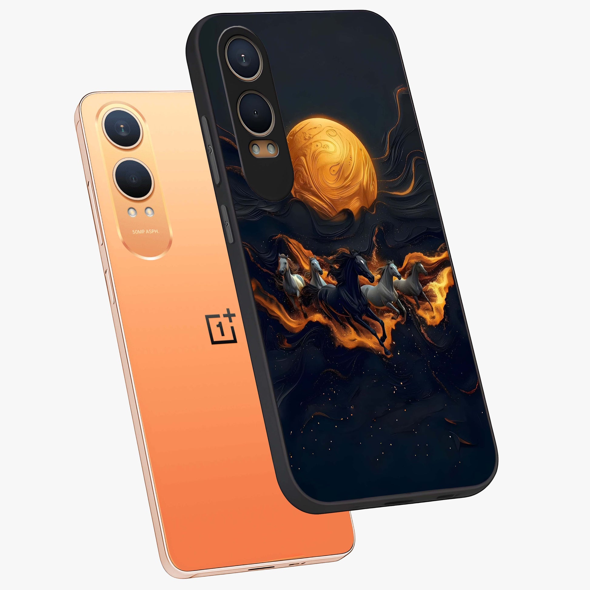 Golden Stallion Moonride Glass Case for 1+Nord CE 4 Lite angled mockup showcasing glossy finish and rich celestial tones