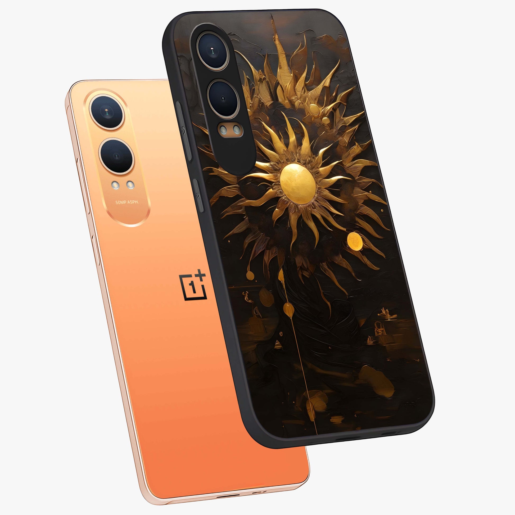 Golden Sun Majesty Glass Case for 1+Nord CE 4 Lite angled mockup showcasing glossy finish and warm celestial gradients