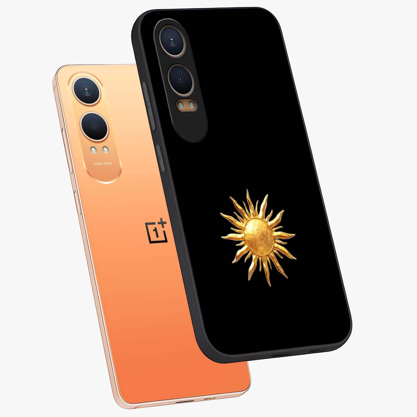 Golden Sun Minimalism Glass Case for 1+Nord CE 4 Lite angled mockup showcasing glossy finish and subtle warm tones