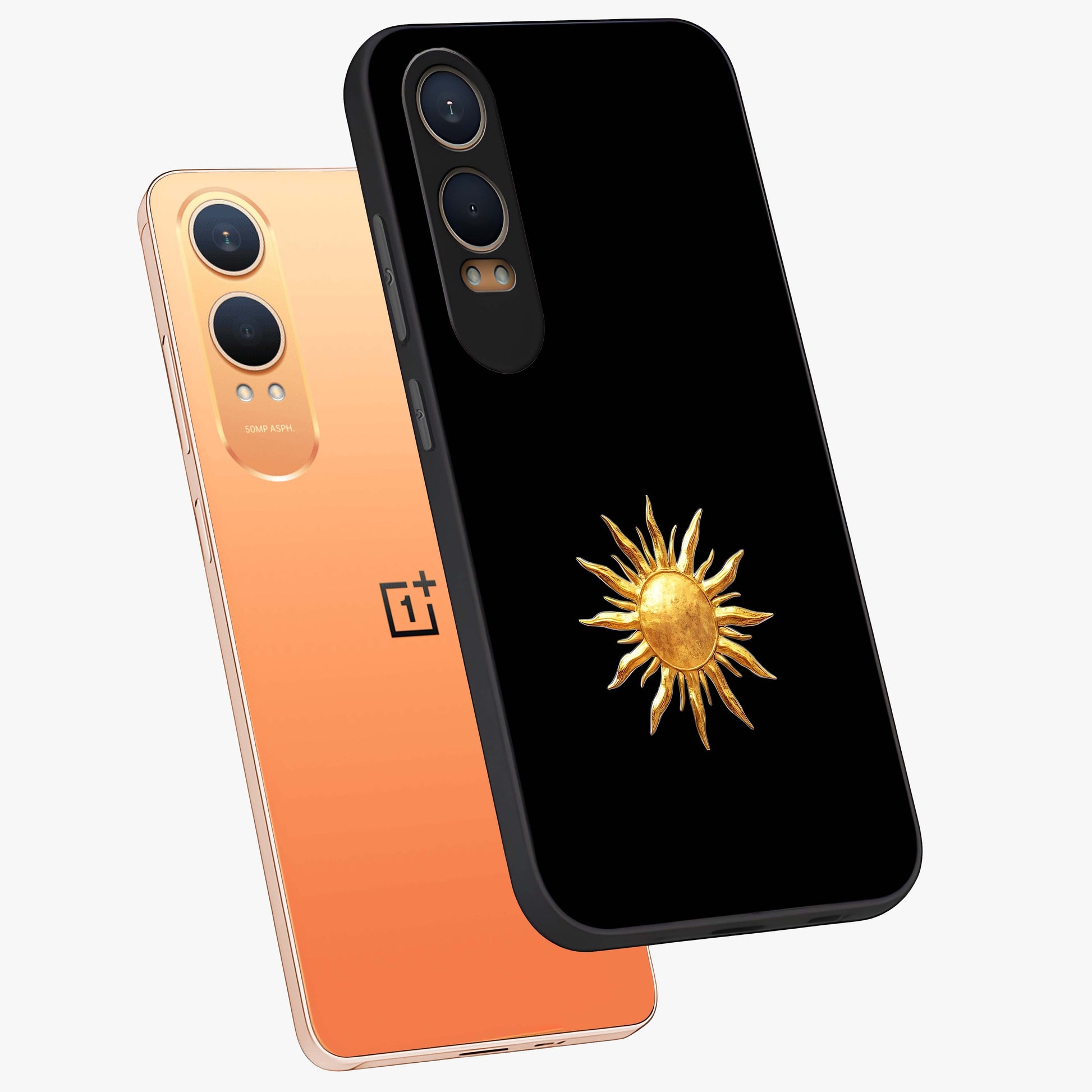 Golden Sun Minimalism Glass Case for 1+Nord CE 4 Lite angled mockup showcasing glossy finish and subtle warm tones