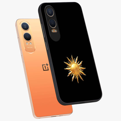 Golden Sun Minimalism Glass Case for 1+Nord CE 4 Lite angled mockup showcasing glossy finish and subtle warm tones