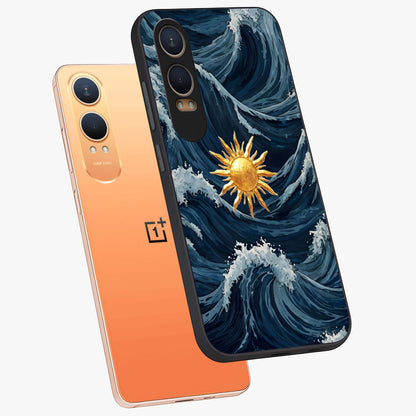 Golden Wave Rise Glass Case for 1+Nord CE 4 Lite angled mockup showcasing glossy finish and fluid motion detailing