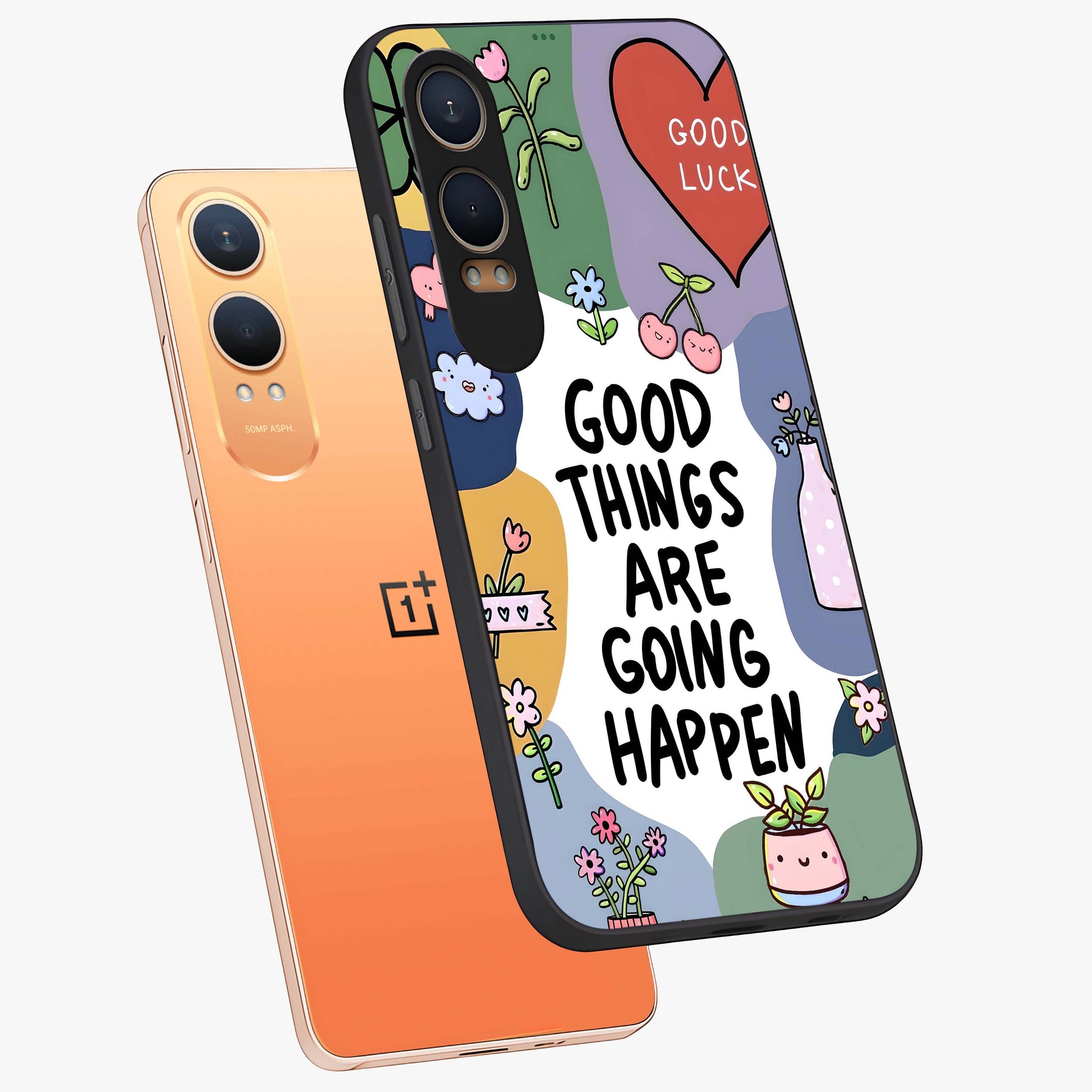 Good Thing Quote Glass Case for 1+Nord CE 4 Lite angled mockup showcasing glossy finish and clean modern design