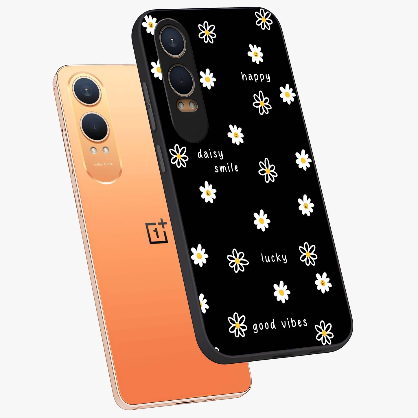 Good Vibes Daisy Black Pattern Glass Case for 1+Nord CE 4 Lite angled mockup showcasing glossy finish and bold floral contrast
