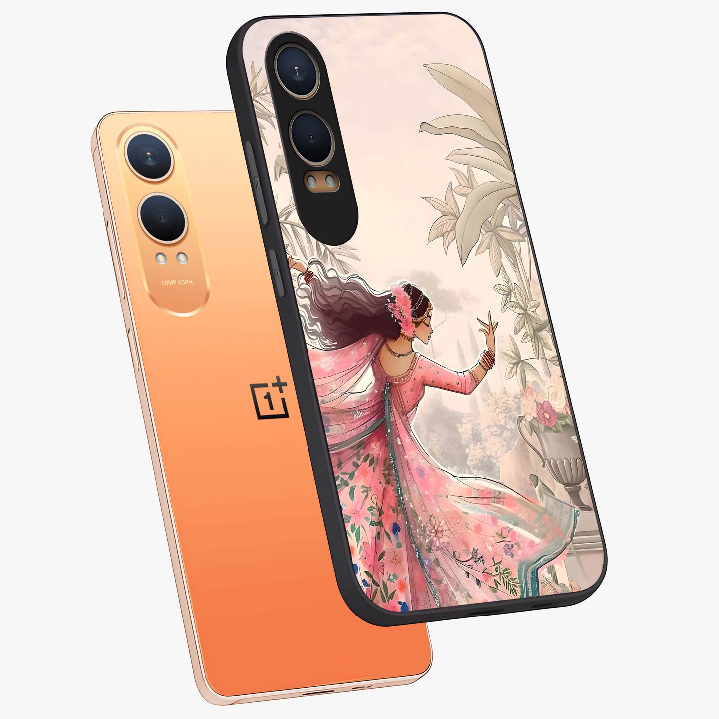 Graceful Garden Rhythm Glass Case for 1+Nord CE 4 Lite angled mockup showcasing glossy glass finish and soft bloom detailing
