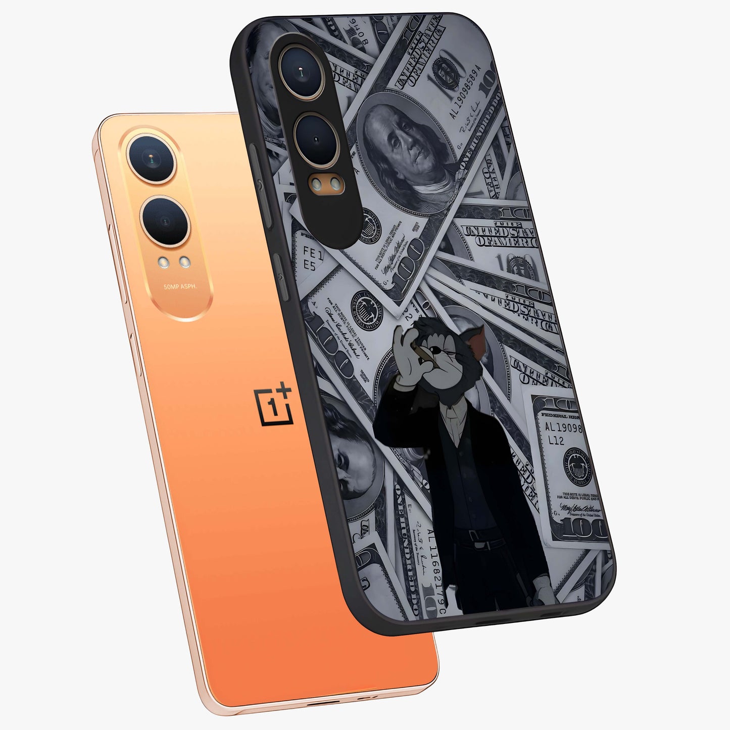 Greedy Fortune Cat Glass Case for 1+Nord CE 4 Lite angled mockup showcasing glossy finish and vibrant character detailing