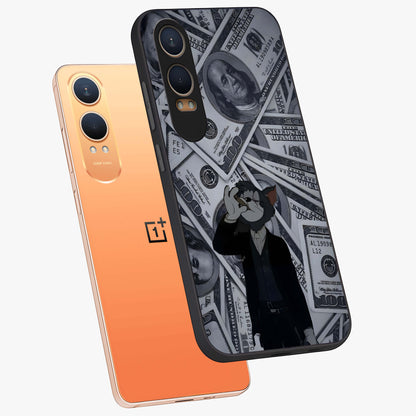 Greedy Fortune Cat Glass Case for 1+Nord CE 4 Lite angled mockup showcasing glossy finish and vibrant character detailing