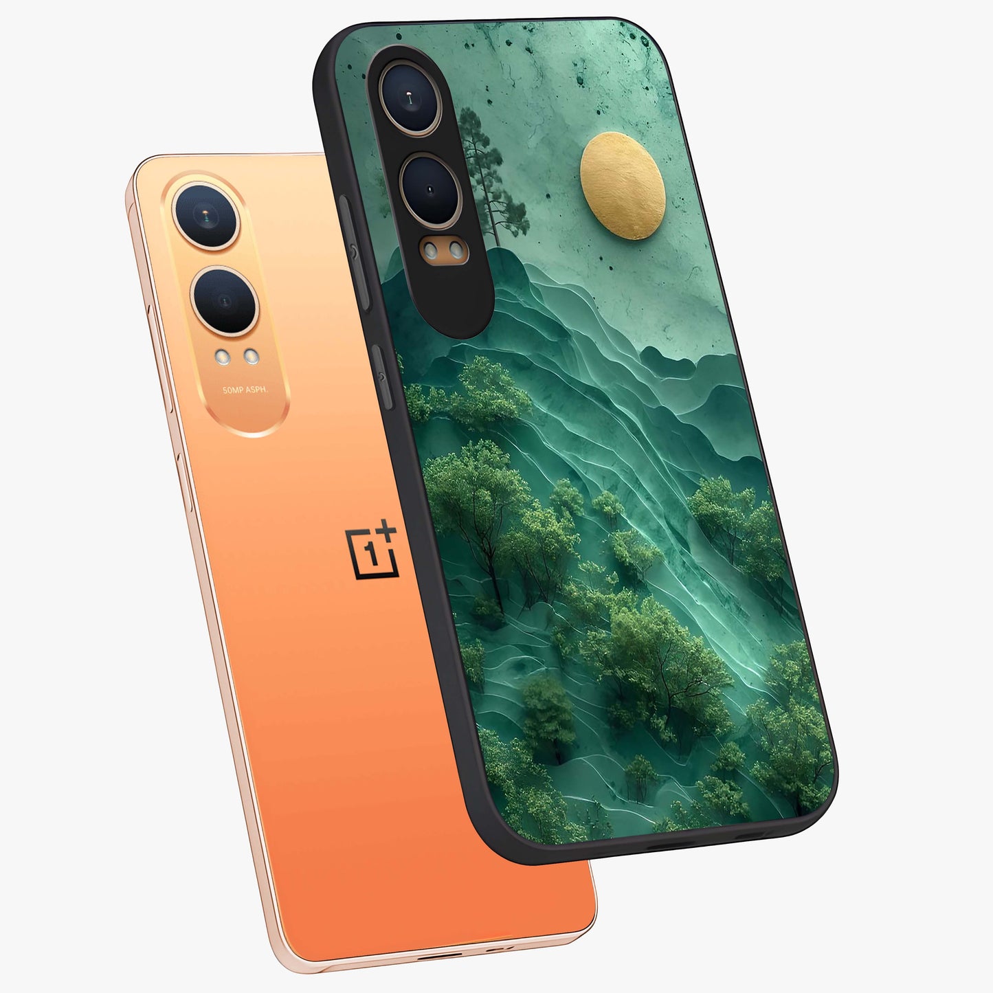 Green Hills With Sun Glass Case for 1+Nord CE 4 Lite angled mockup showcasing glossy finish and natural gradient tones